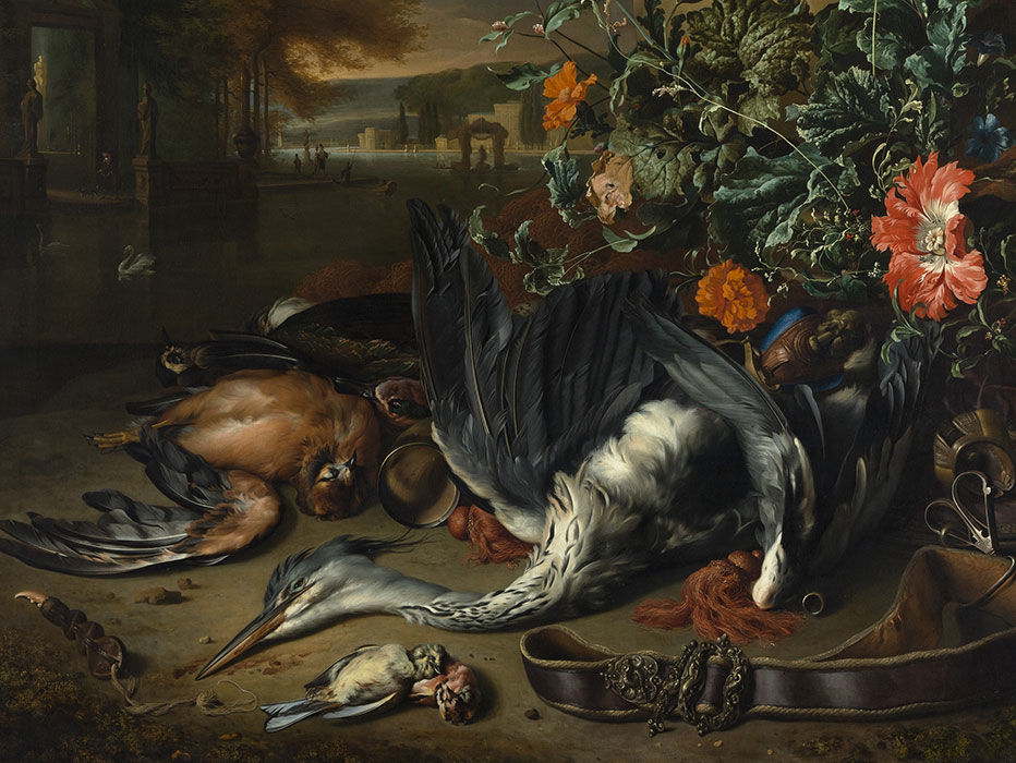 Several birds lay with their wings spread, dead, on the ground following a successful hunt.